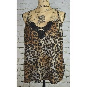 New Women's Vocal Leopard Spaghetti Strap Brown Black Lace Tank Top XL